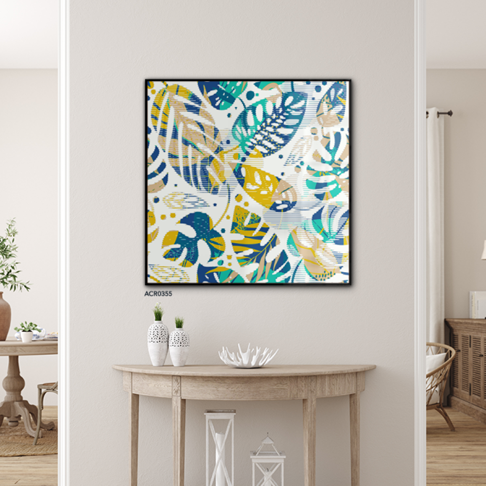 لوحة جدارية اكريليك تصميم يجمع بين أوراق الشجر وتدرجات الأزرق والأصفر مع البيج