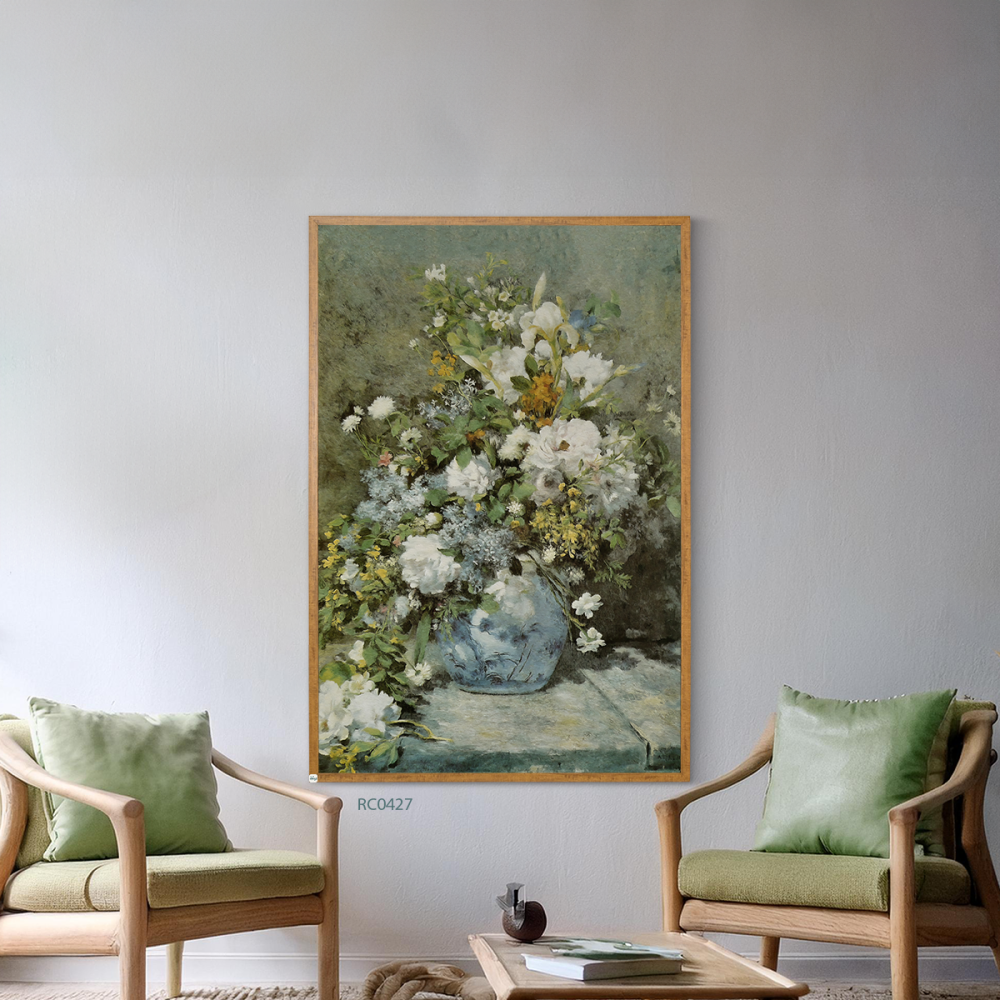 لوحة جدارية كانفس تصور مزهرية بورود بتدرجات الازرق الابيض والاصفر