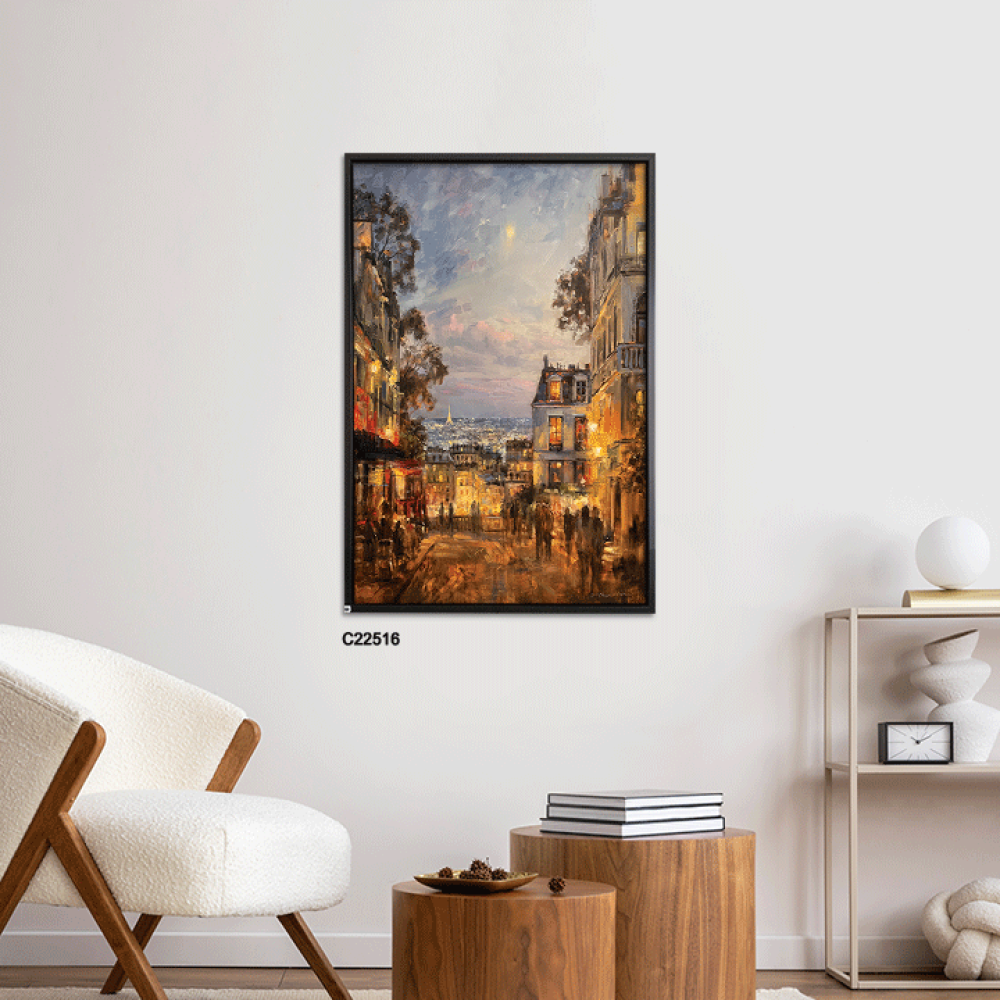 لوحة جدارية تصور احد شوارع باريس بتدرجات البرتقالي والاحمر