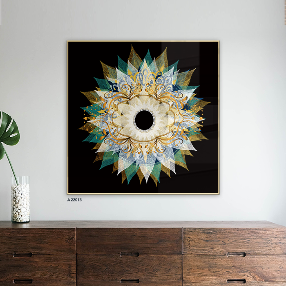 لوحة جدارية مربعة من الأكريليك بتصميم زهرة ذهبي وتيفاني على خلفية سودا