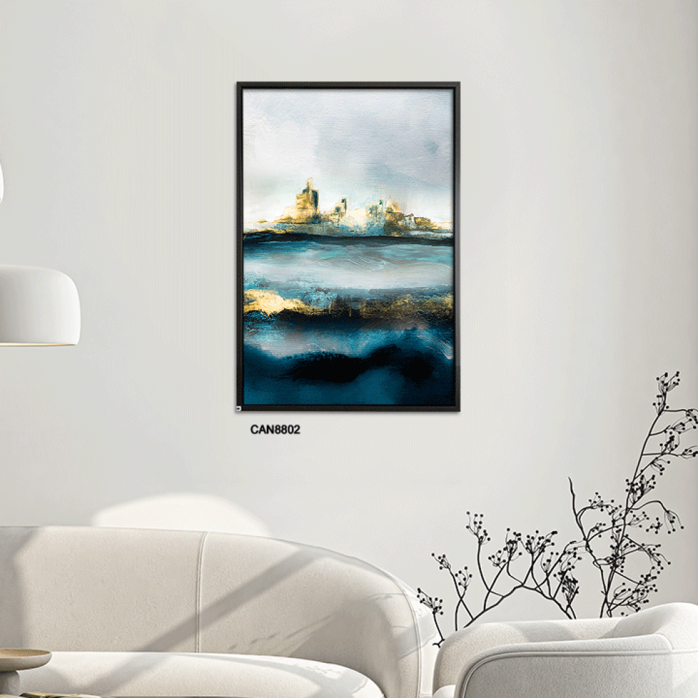 لوحة جدارية كانفس ، بحر وأمواج - تدرجات الذهبي والأزرق ( الكحلي) مع الأبيض