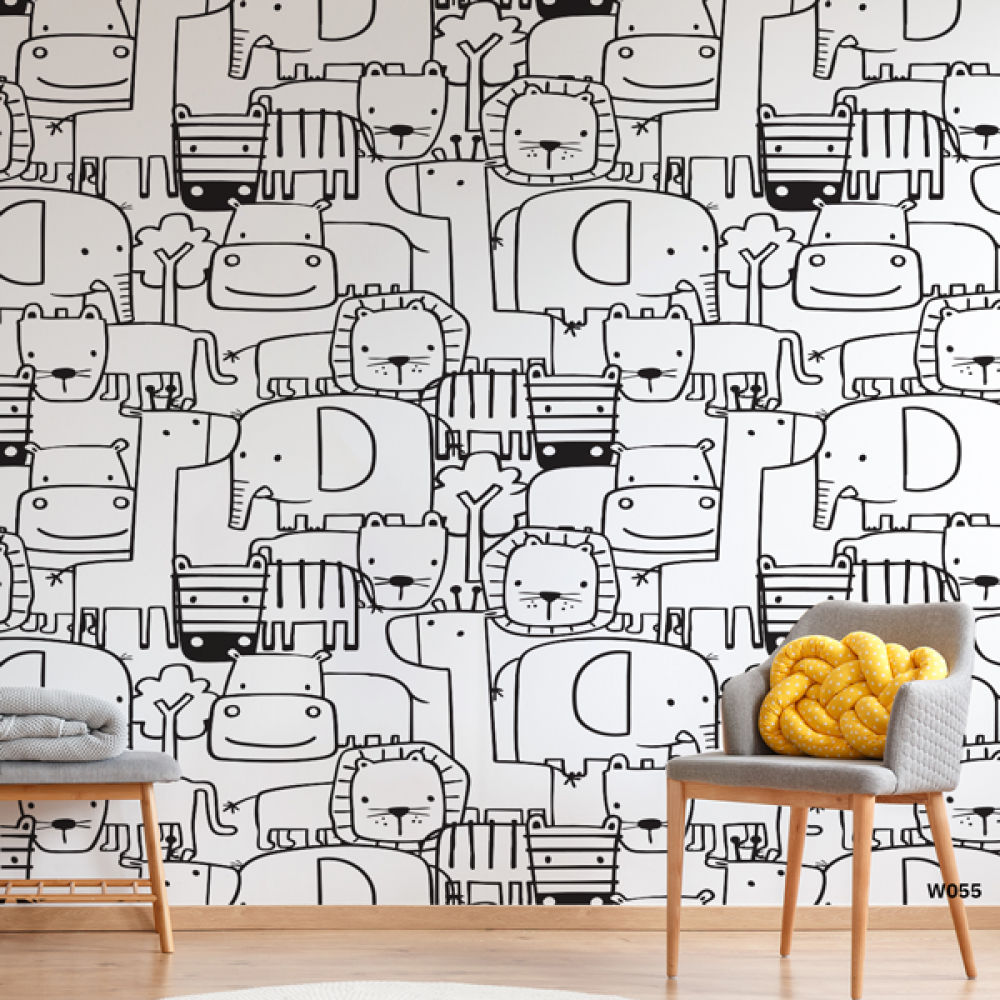 ورق حائط ، بتصميم تخطيطي لحيوانات - تدرجات الابيض والرمادي