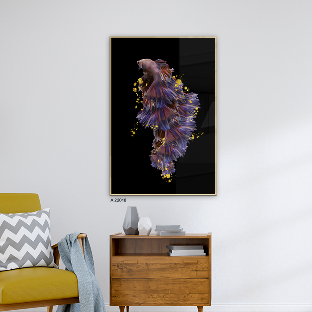 لوحة جدارية أكريليك مودرن لسمكة بنفسجية مع رذاذ ذهبي