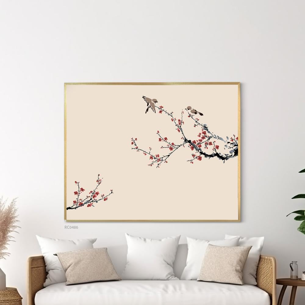 لوحة جدارية كانفس اغصان ازهار الكرز الاحمر وطيور