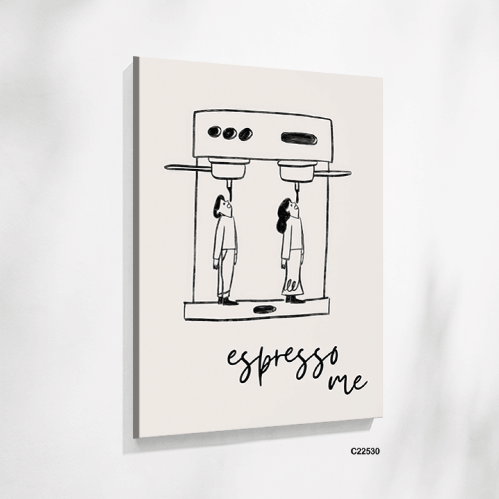 لوحة جدراية تصور الة قهوة كبيرة واشخاص بتدرجات الاسود والابيض