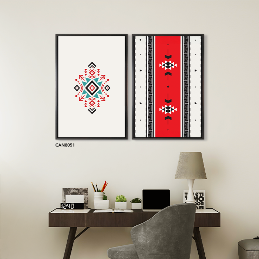 لوحة جدارية كانفس مقسمة زخارف ونقوش باللون الأحمر مع الأسود والبيج الفاتح