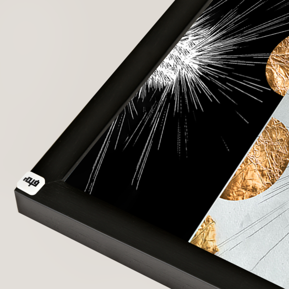 A black canvas wall painting with a golden semicircle