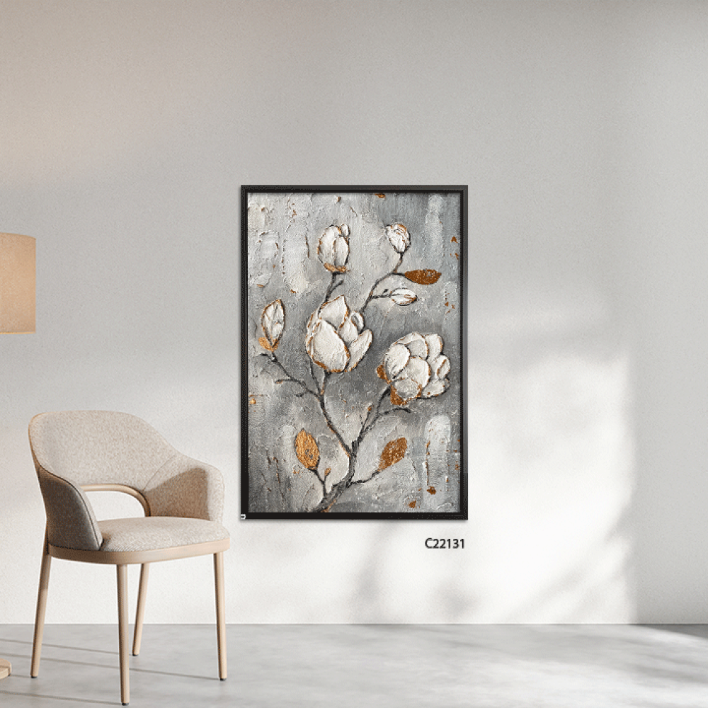 لوحة فنية جدارية كانفس ورد تدرجات الرمادي مع الذهبي والأبيض