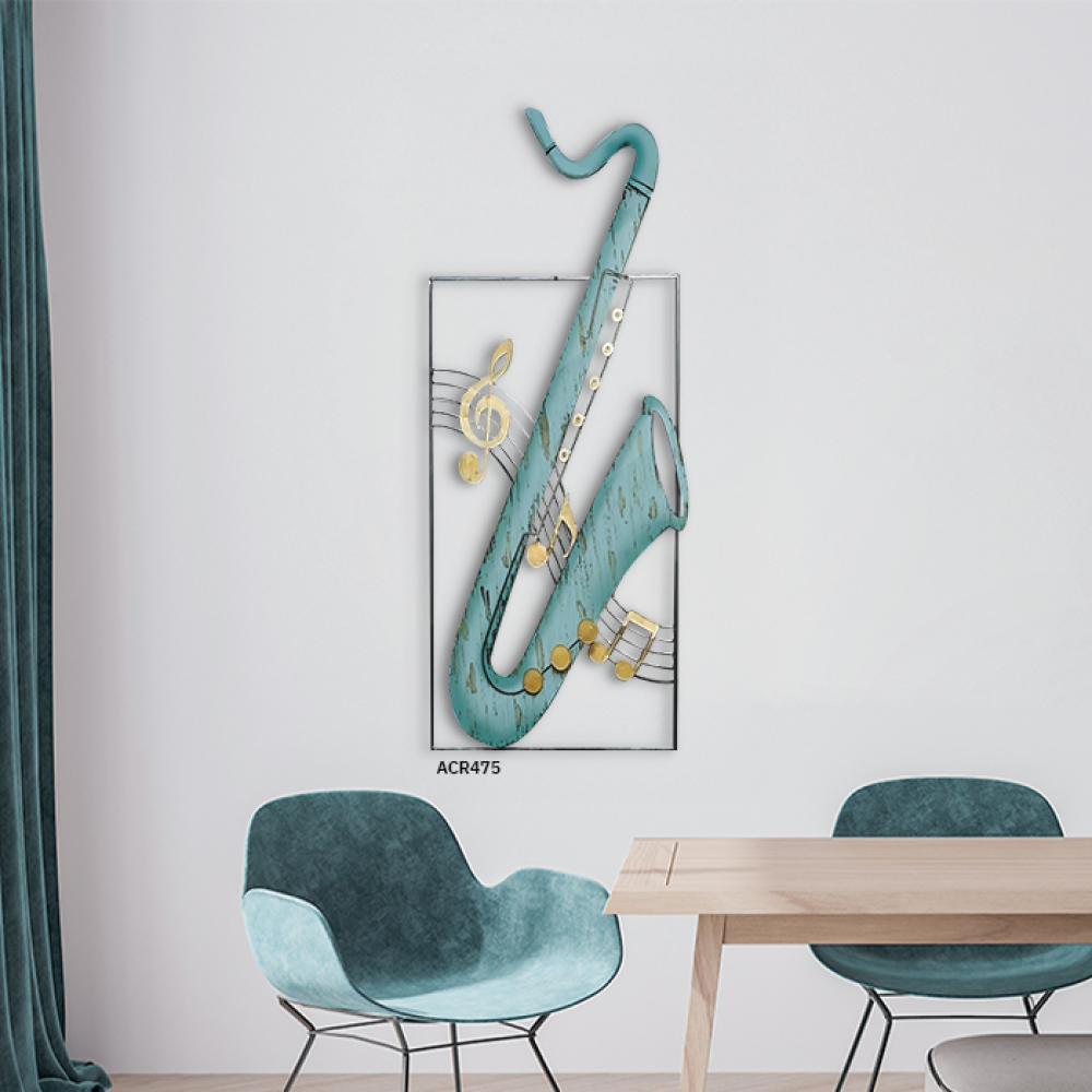 لوحة جدارية اكريليك تصور آلة موسيقية بتدرجات الأزرق مع الذهبي