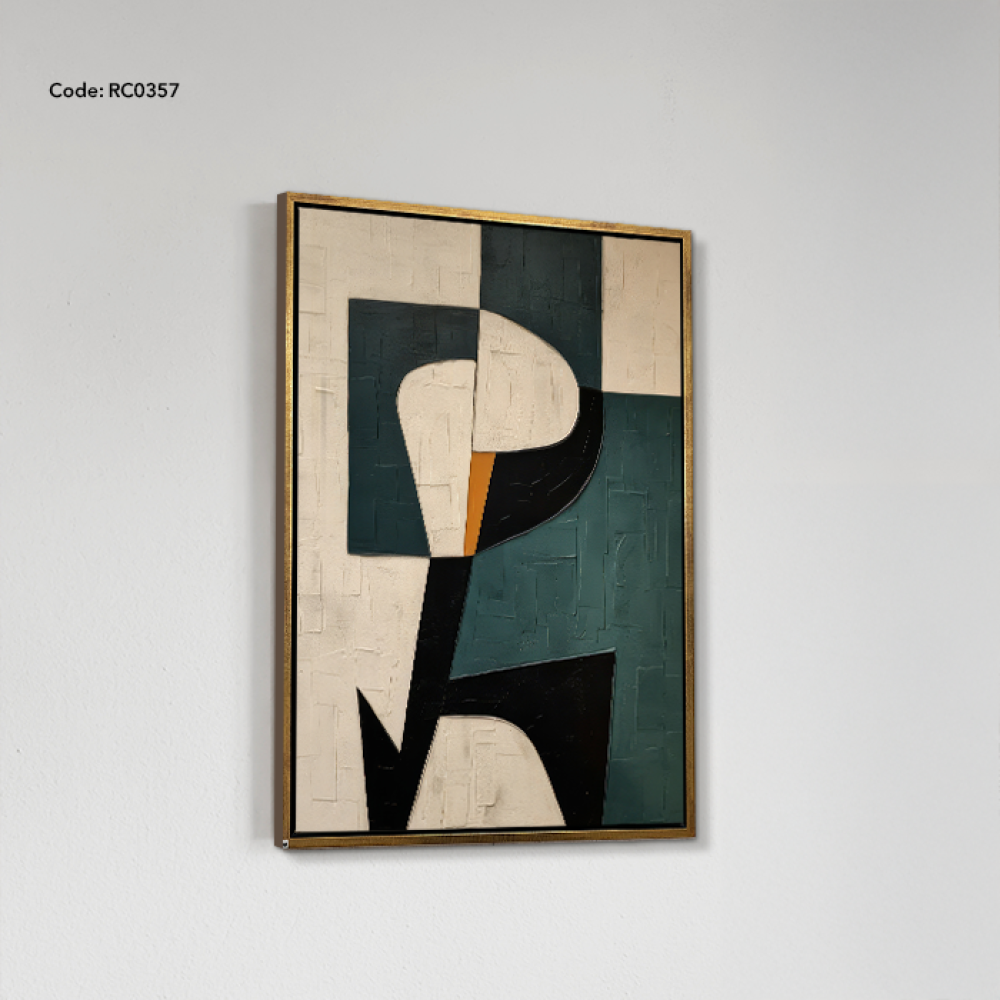 A canvas wall painting featuring a modern design in shades of green, beige, and black.
