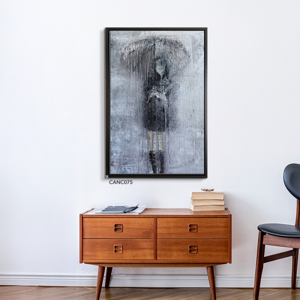 لوحة  جدارية كانفس فتاة وأمطار تدرجات الرمادي مع الأبيض