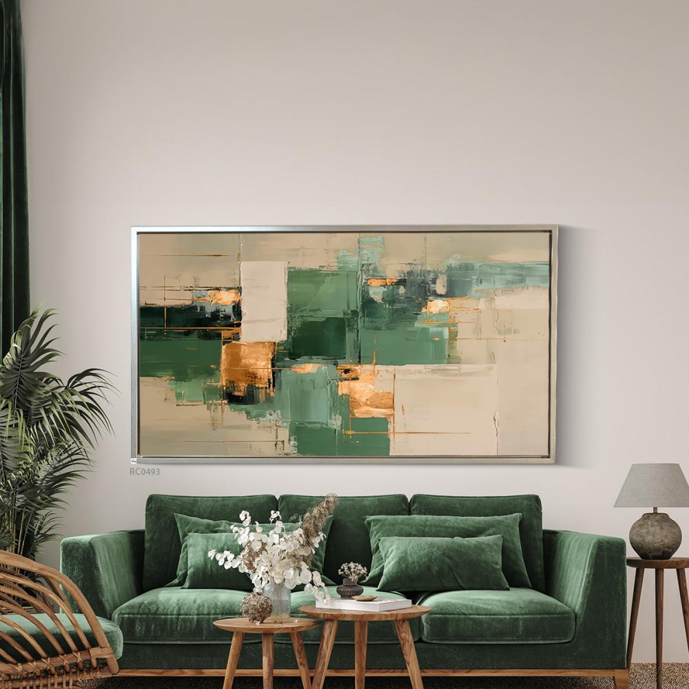 لوحة جدارية كانفس فن تجريدي بتدرجات الاخضر والبيج والذهبي