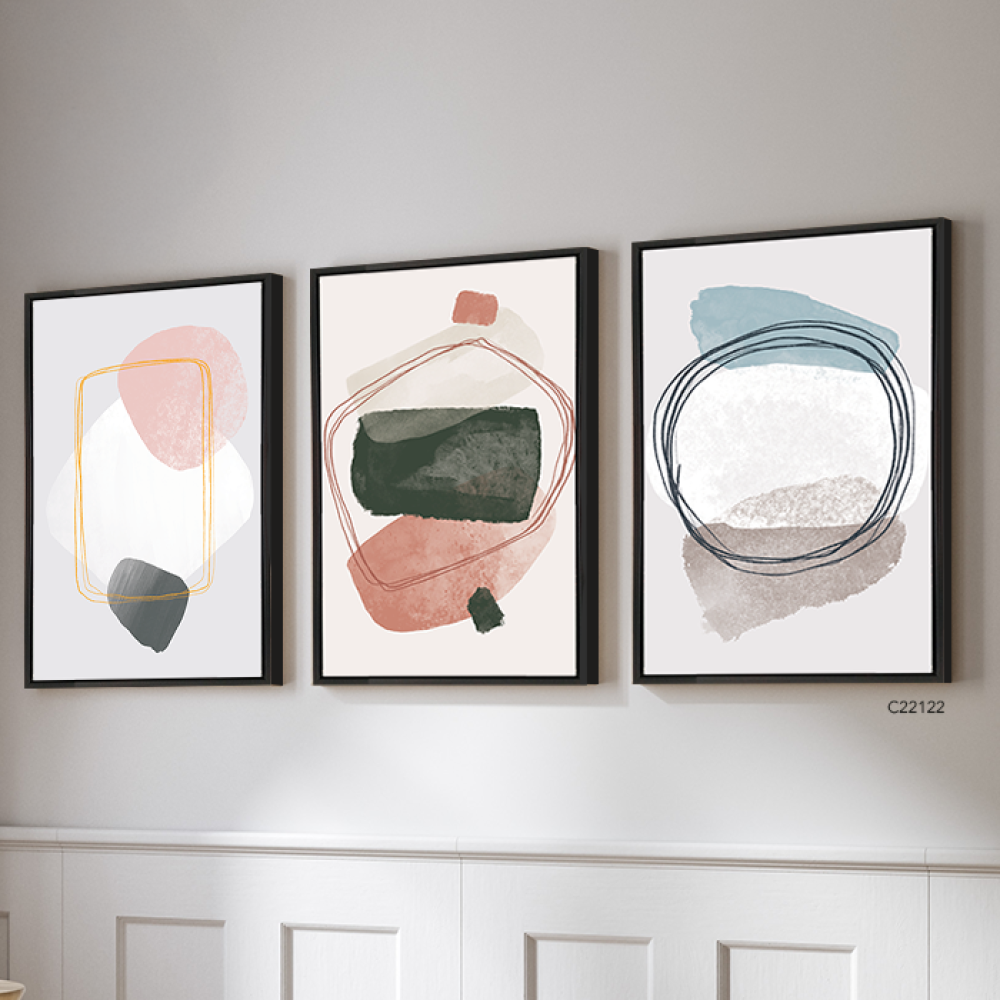 لوحة جدارية كانفس مقسمة ، أشكال - تدرجات الأخضر الزيتي مع الوردي  - فن بوهيمي