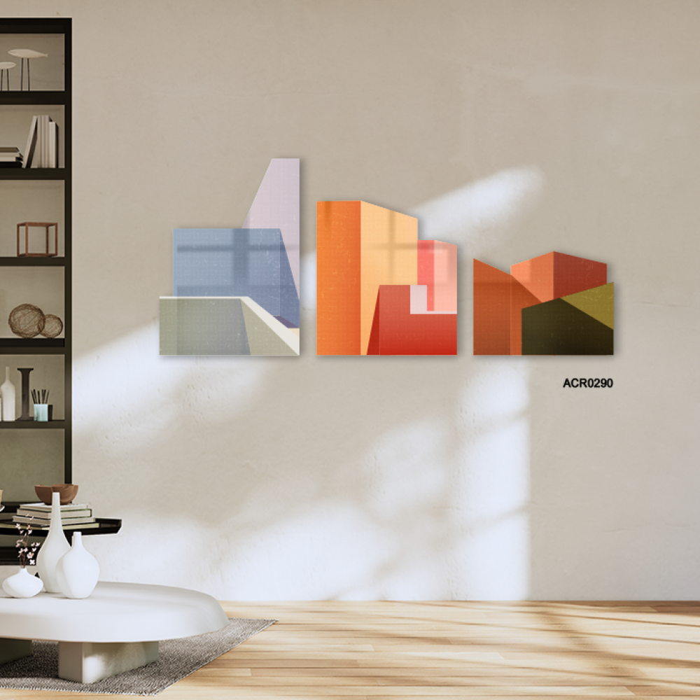 لوحة جدارية أكريليك تصور مباني بتدرجات من اللون البني والأخضر مع البرتقالي.