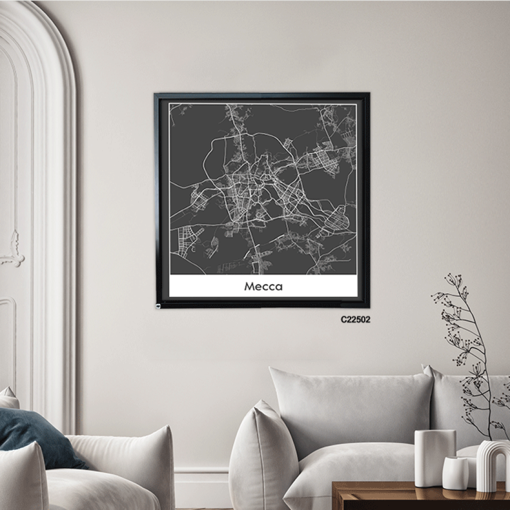 لوحة جدارية كانفس تحتوي على خريطة لمكة المكرمة بالأبيض والأسود