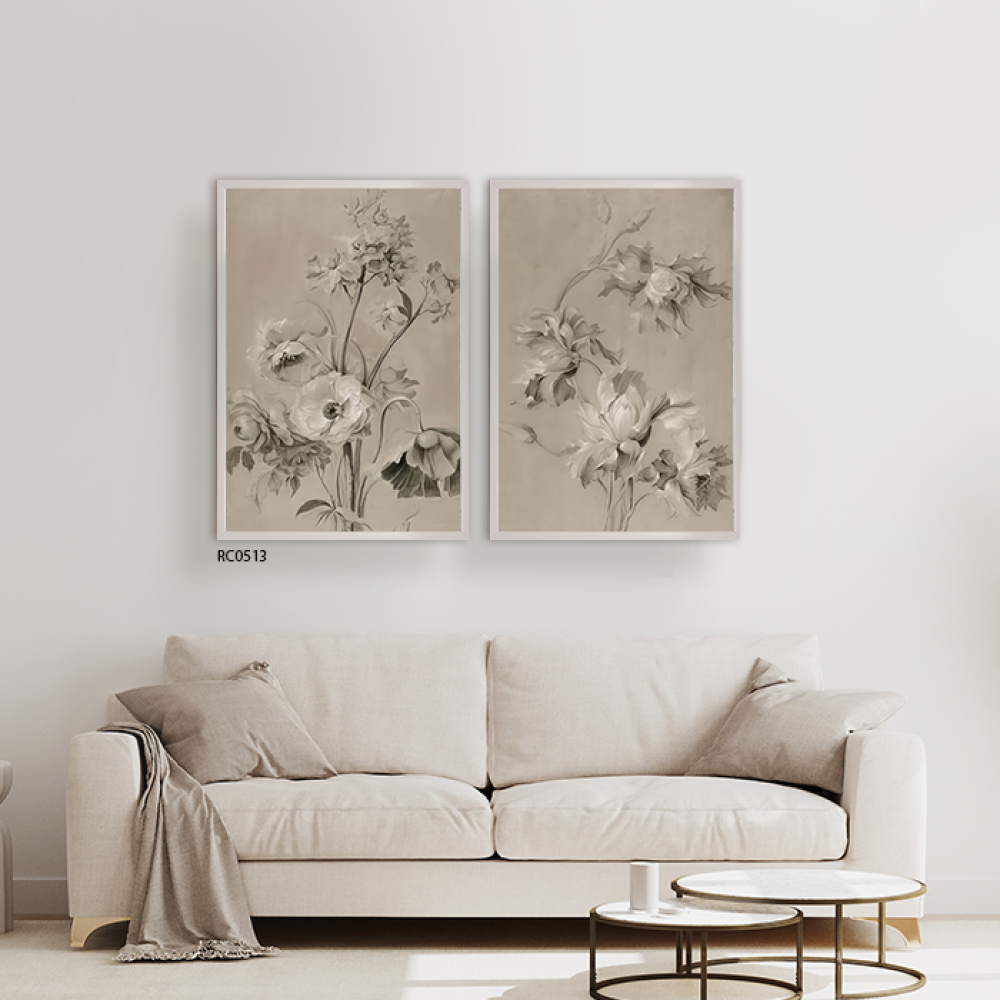 لوحة جدارية ازهار متفتحة بتدرجات البيج والبني