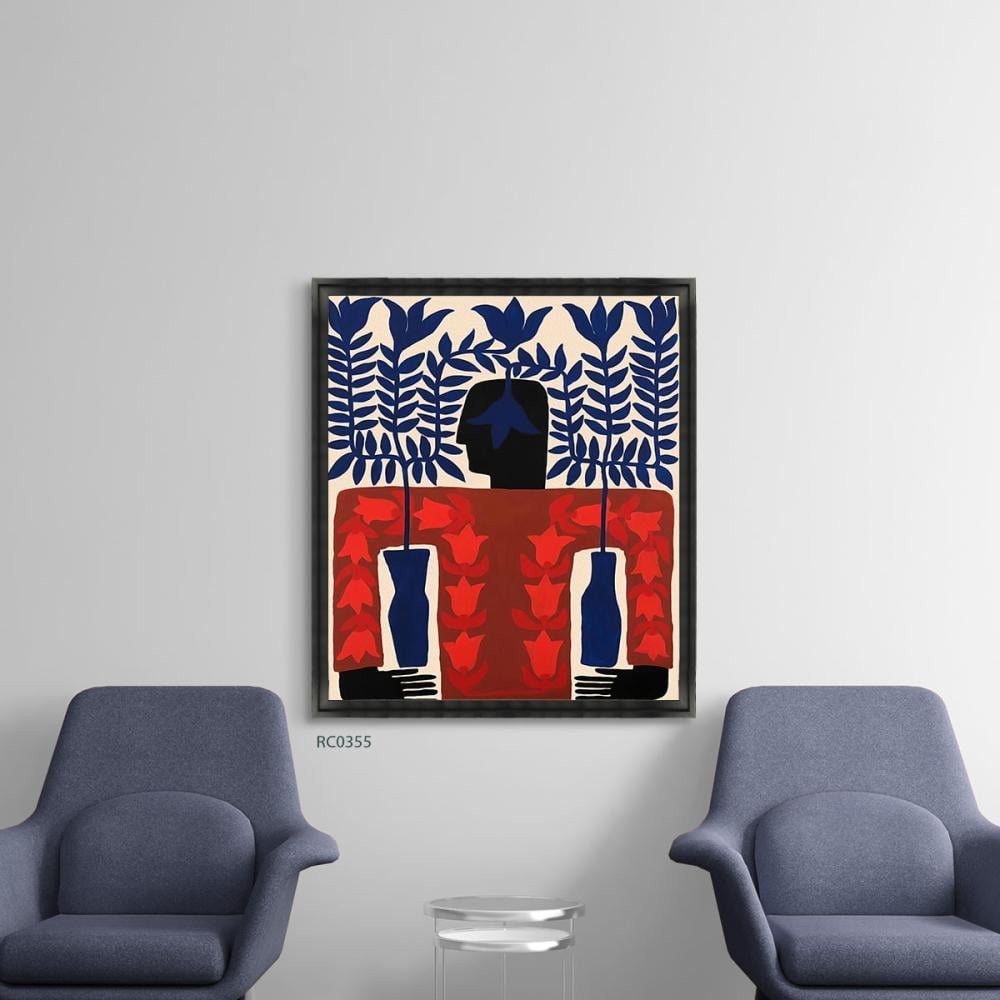 لوحة جدارية كانفس تصور شخصًا مع أغصان شجر بتدرجات الكحلي مع الأحمر