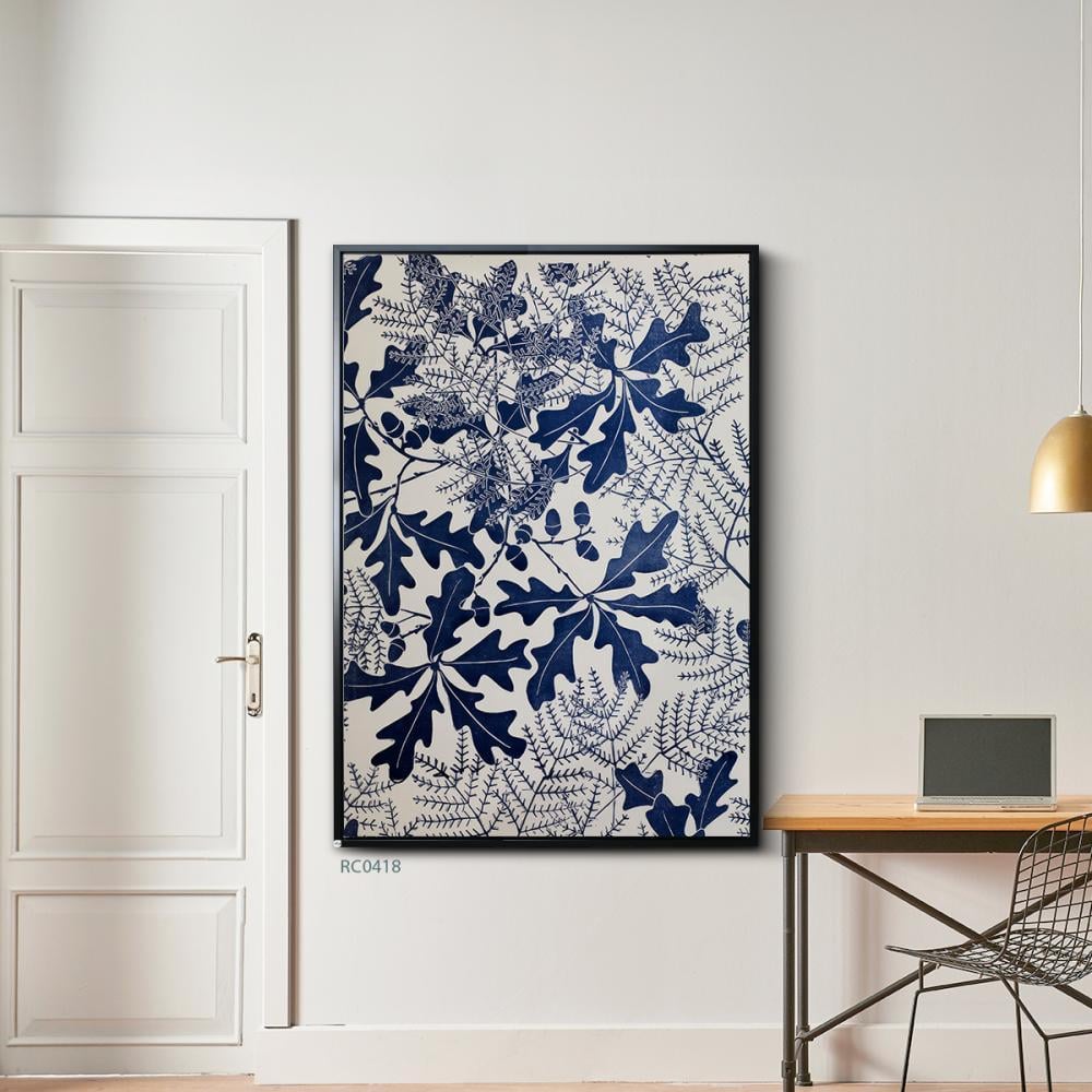 لوحة جدارية كانفس بتصميم اوراق شجر بتدرجات الكحلي وخلفية رصاصية