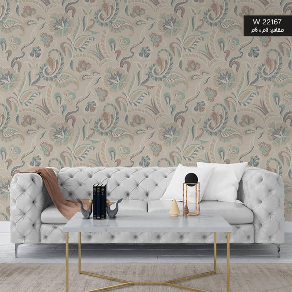 ورق حائط ، ورود وأوراق وريش - تدرجات الأخضر الهادئ مع البني والبيج