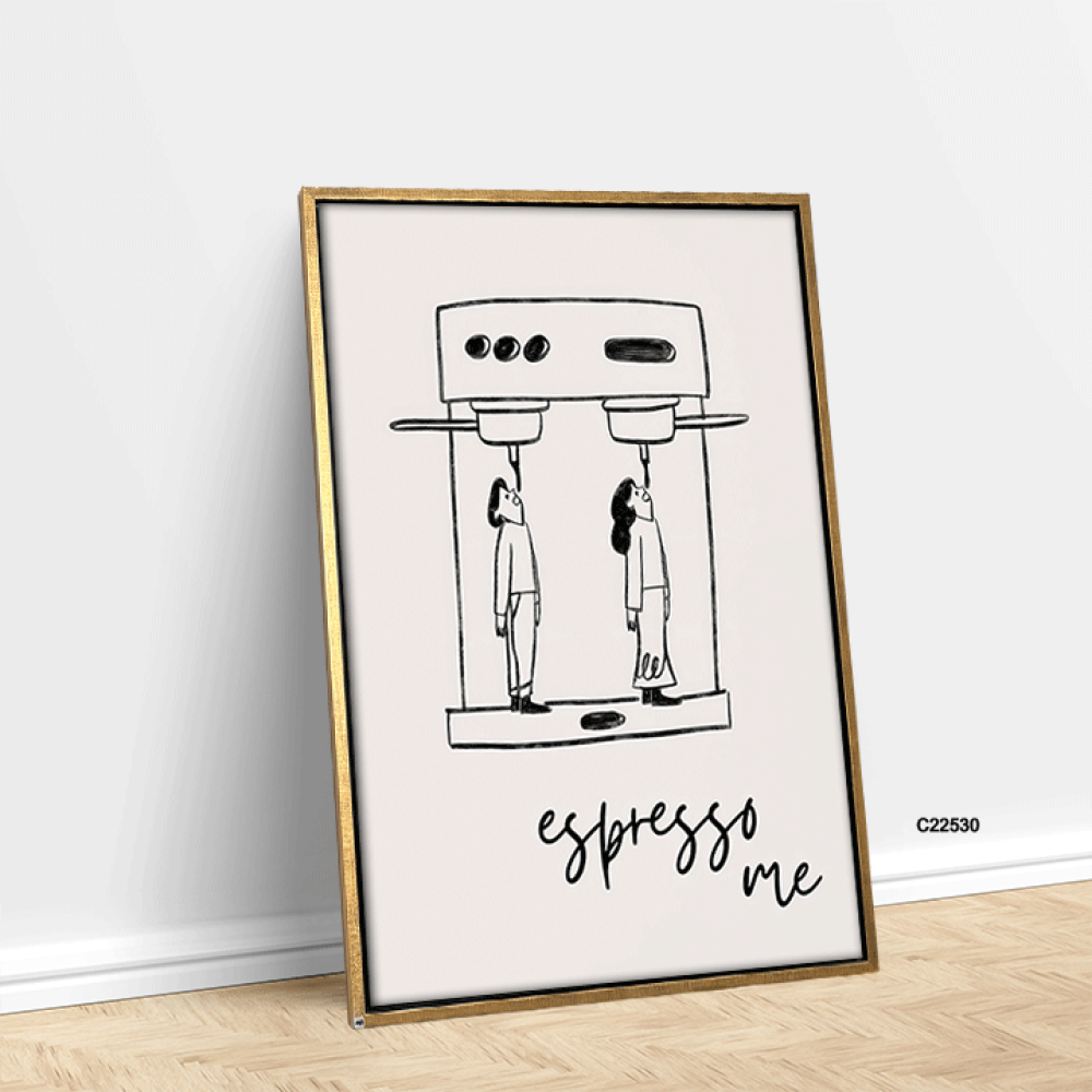 لوحة جدراية تصور الة قهوة كبيرة واشخاص بتدرجات الاسود والابيض
