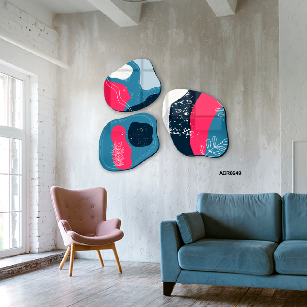 لوحة فنية جدارية اكريليك تتميز بتصميم يضم أشكال متنوع بتدرجات الفوشي والكحلي، بالإضافة إلى الأسود والأبيض.