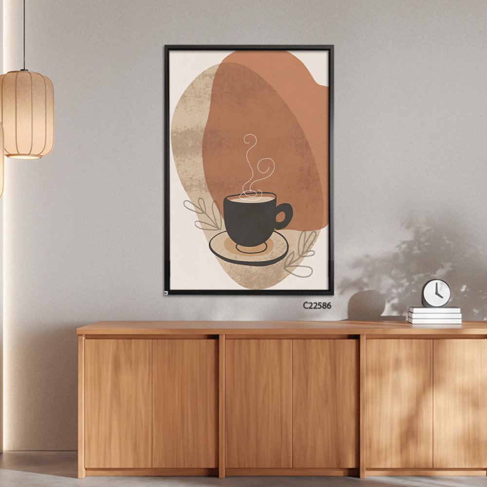 لوحة جدارية كانفس تجسد كوب القهوه الدافئ بتدرجات البني والبيج والاسود