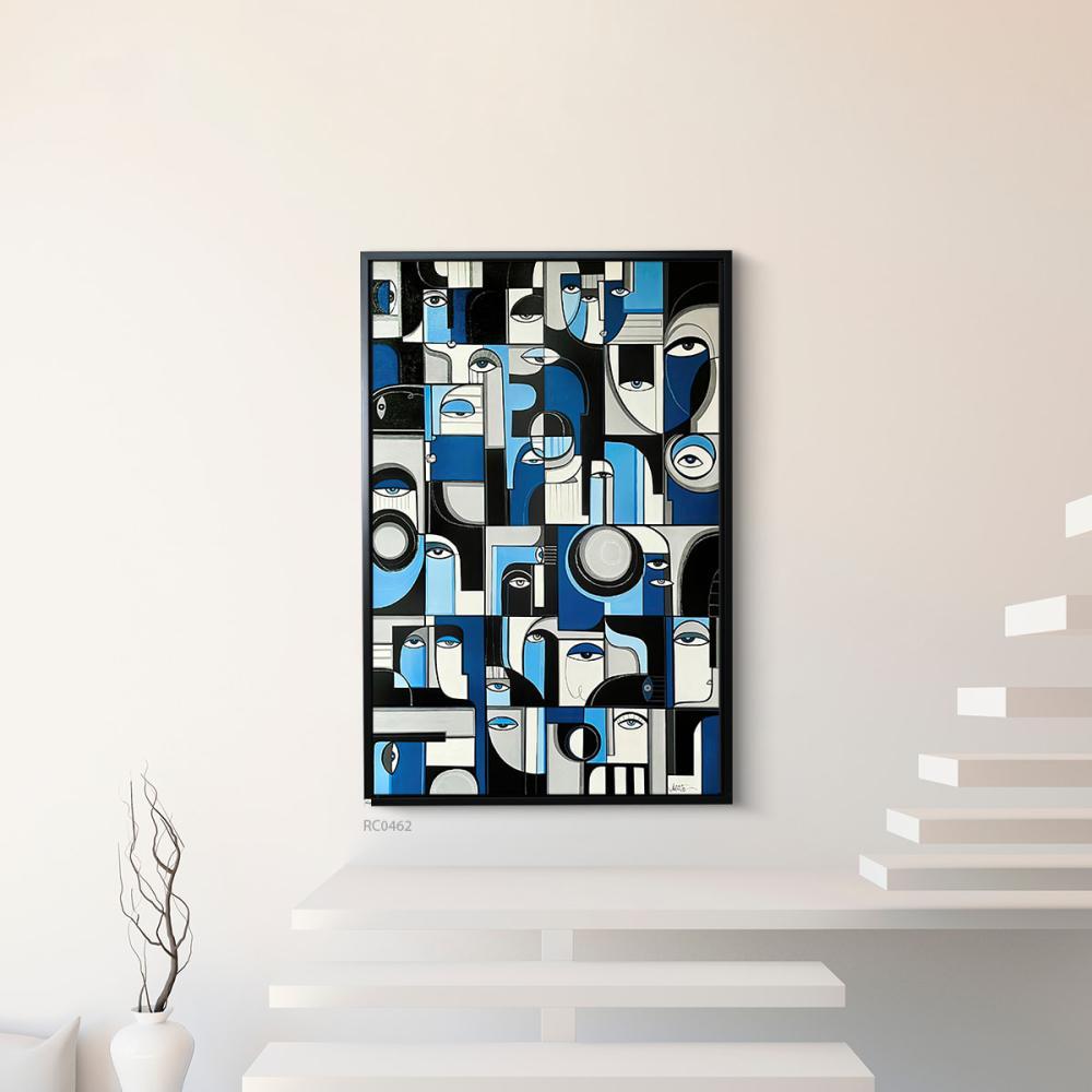 لوحة جدارية وجوه وخطوط هندسية