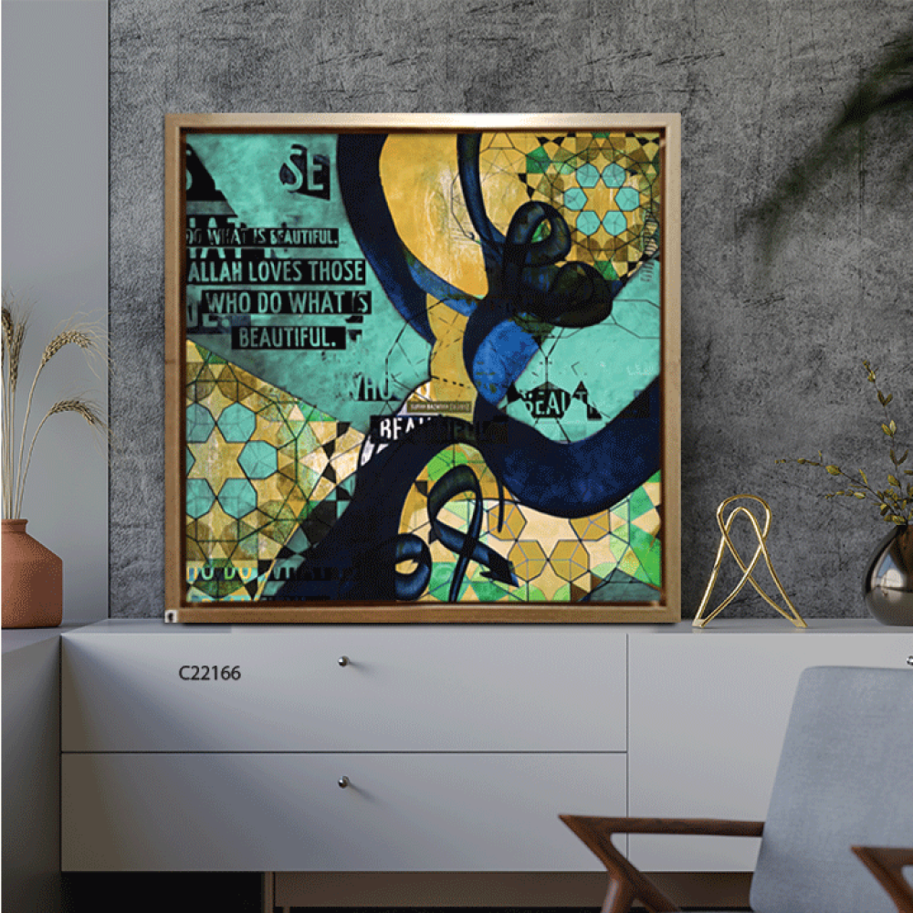 لوحة جدارية كانفس ، نقوش وتداخل ألوان  - درجات الأزرق والأخضر مع الأصفر والأسود