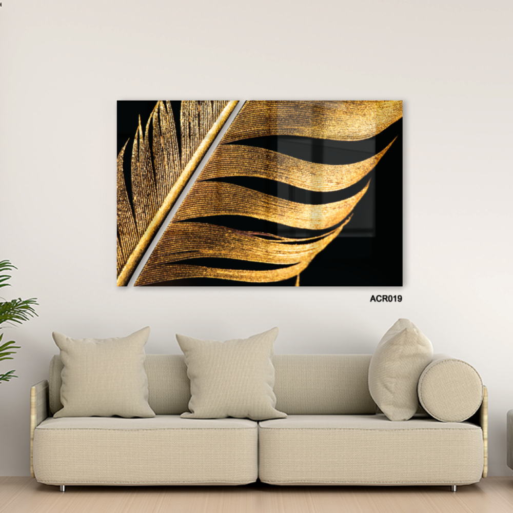 لوحة جدارية اكريليك تتميز بتصميم ريشة بتدرجات من الأسود والذهبي
