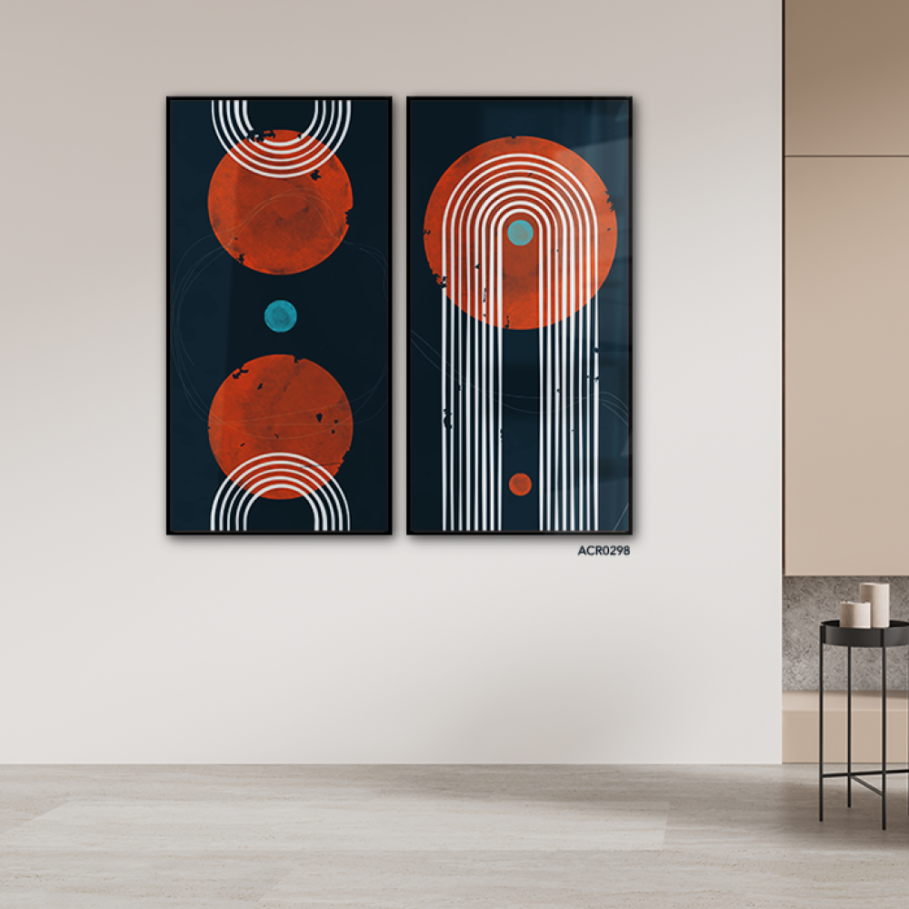 لوحة جدارية أكريليك دوائر وخطوط بالألوان البرتقالي والازرق مع الأبيض
