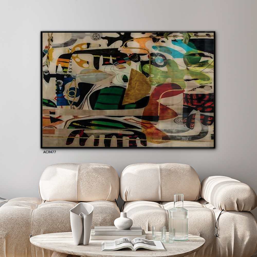 لوحة جدارية اكريليك تتميز بتداخل أشكال وألوان