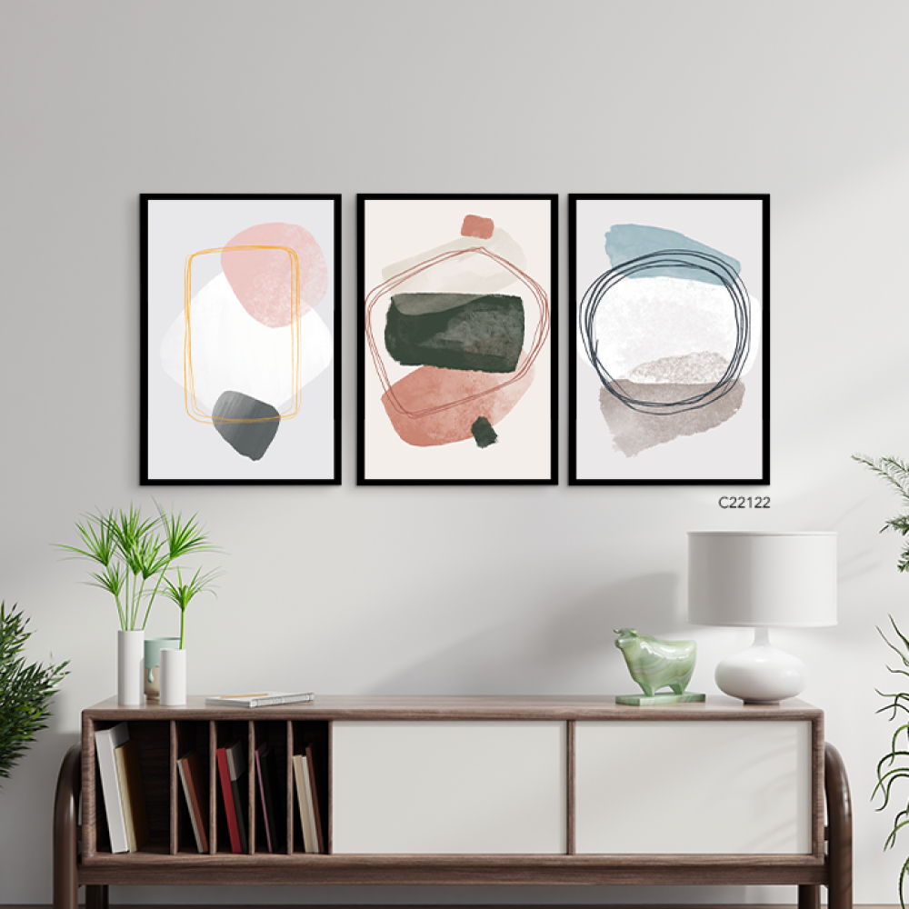 لوحة جدارية كانفس مقسمة ، أشكال - تدرجات الأخضر الزيتي مع الوردي  - فن بوهيمي