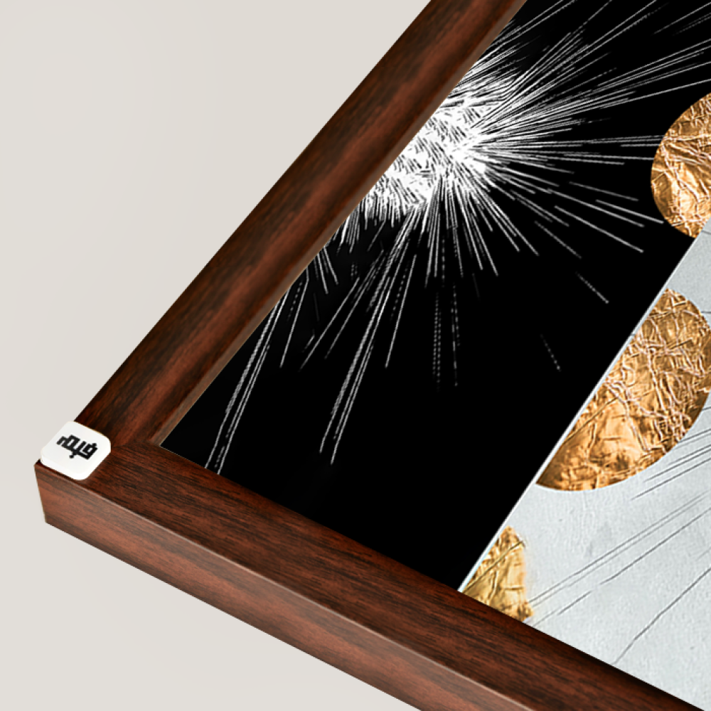 A black canvas wall painting with a golden semicircle