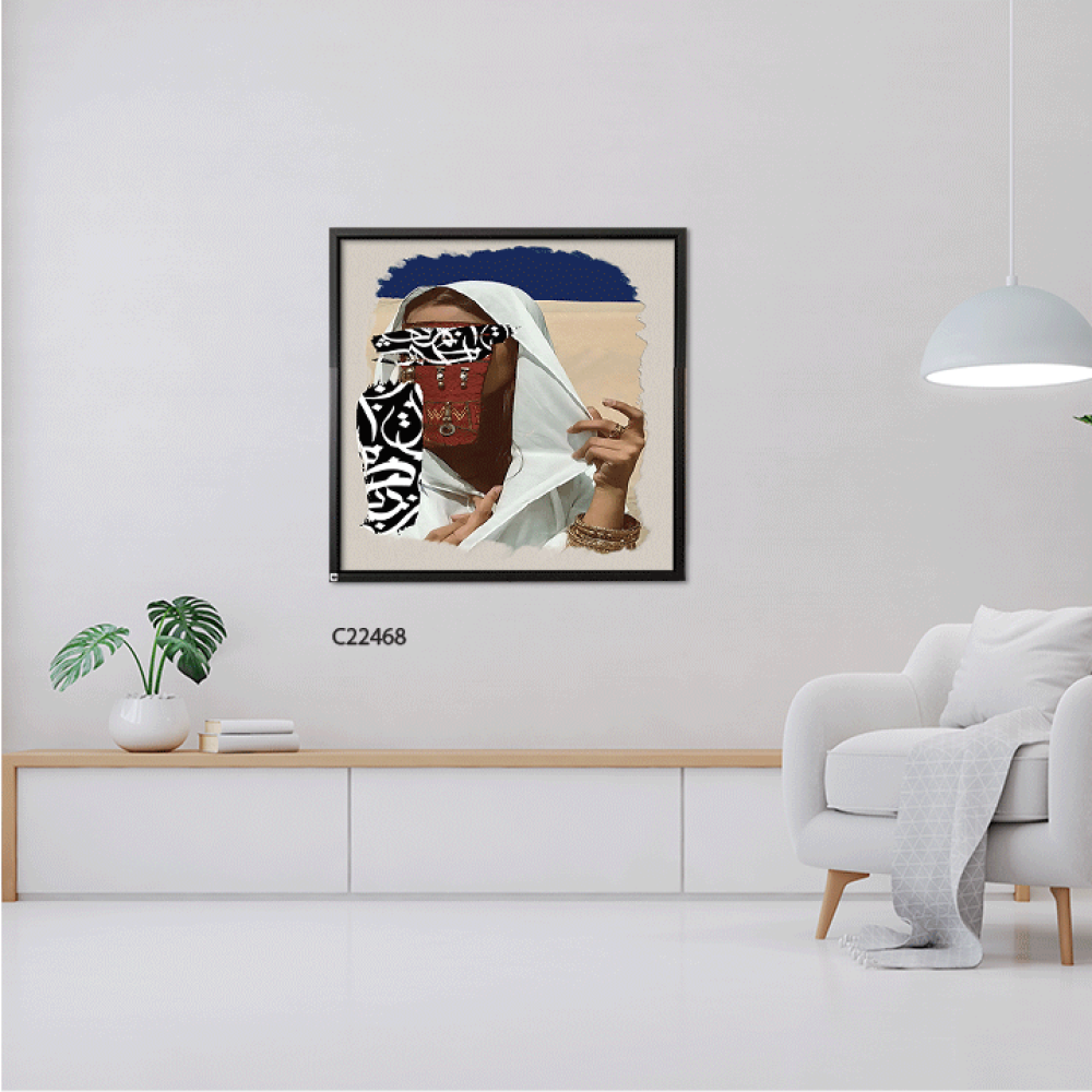 لوحة جدارية كانفس فتاة ببرقع تقليدي بتدرجات من اللون الأبيض مع البيج