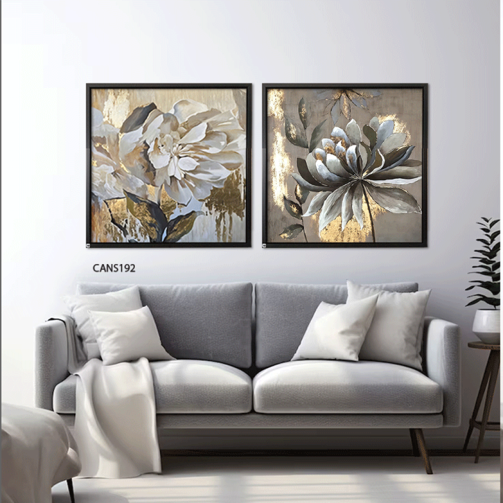 لوحة جدارية كانفس ورود تدرجات الذهبي ورمادي مع أبيض