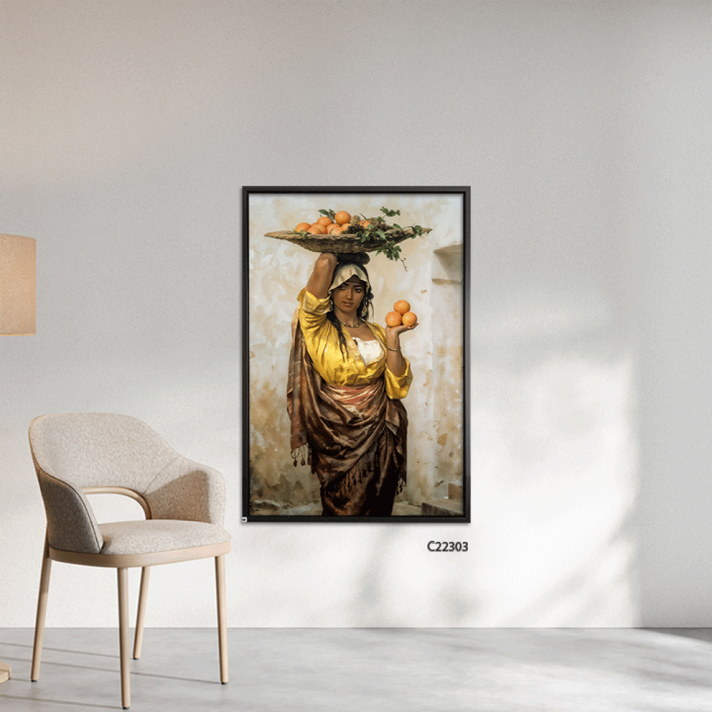 لوحة جدارية كانفس امرأة بلباس تقليدي بتدرجات البيج والاصفر والبني