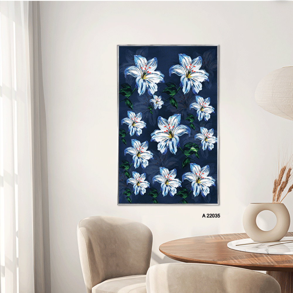 لوحة جدارية أكريليك زهور متفتحة بتدرجات الأزرق والأخضر مع الأبيض