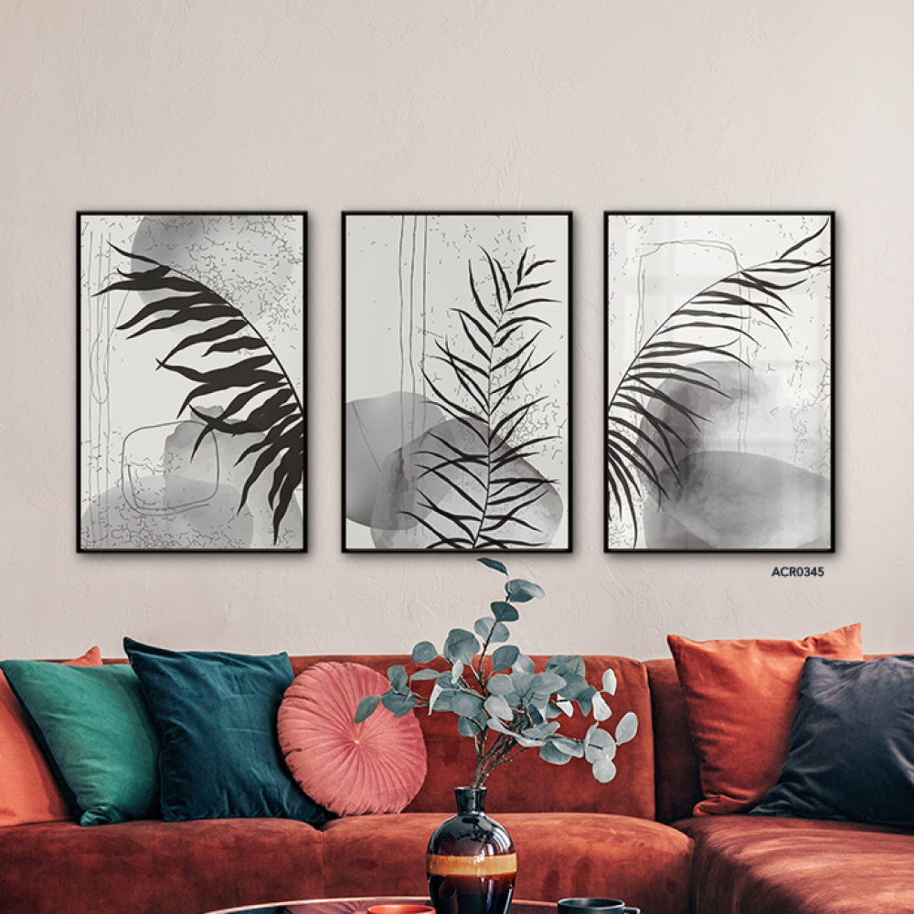 لوحة جدارية اكريليك مقسمة أوراق شجر درجات الرمادي مع الأبيض