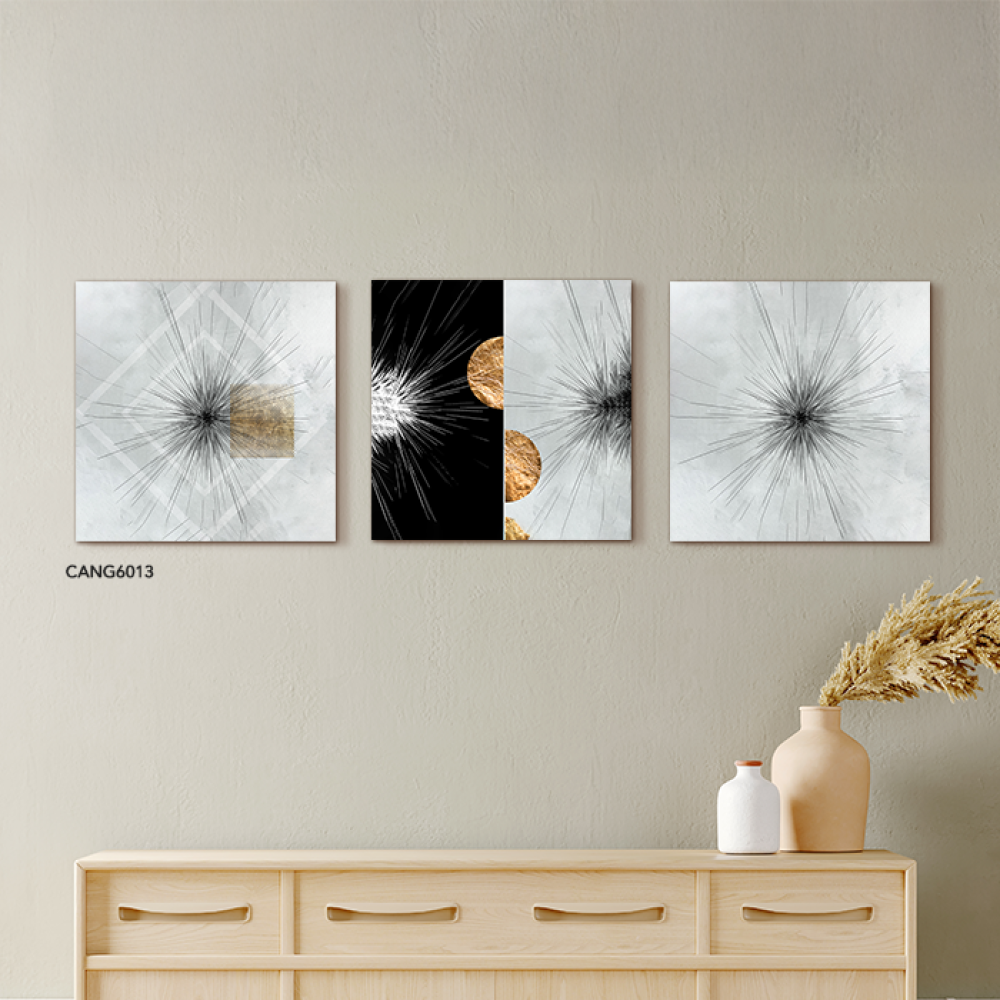 A black canvas wall painting with a golden semicircle