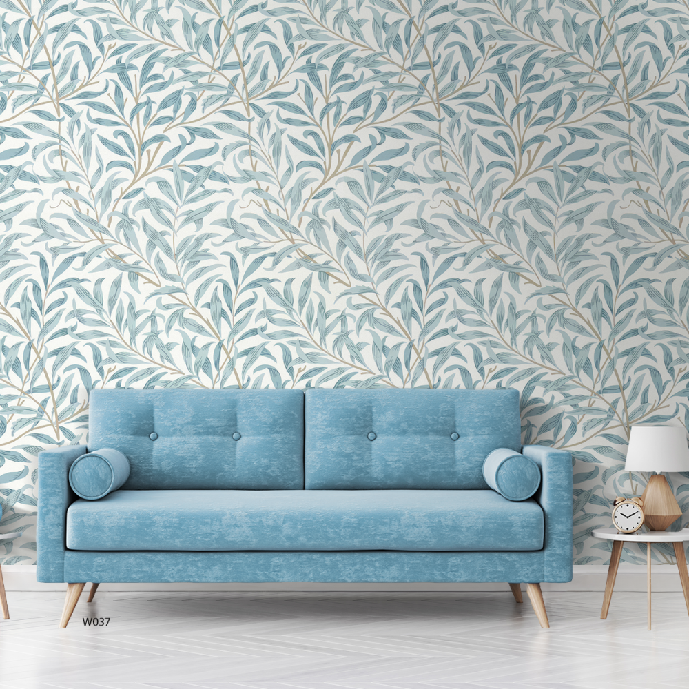 ورق حائط ، اغصان واوراق متداخلة - تدرجات الازرق والبيج