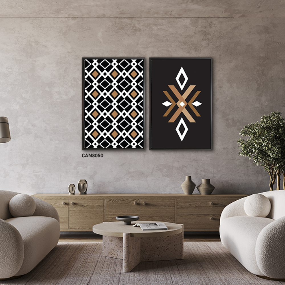 لوحة جدارية كانفس مقسمة زخارف ونقوش درجات البني مع الأسود والأبيض