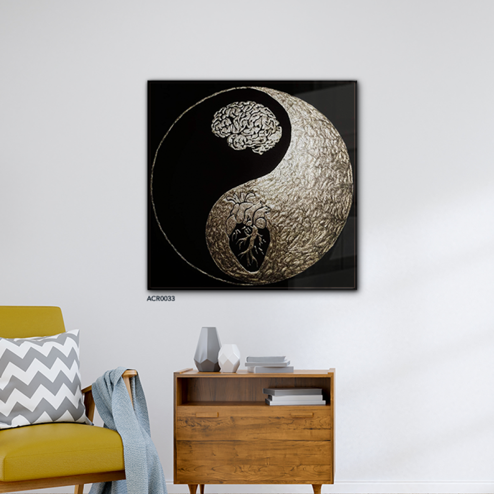 لوحة جدارية أكريليك يتضمن مفهوم اليين واليانغ ( العقل ، والقلب ) ، حيث يُظهر دائرة بالألوان الأسود والفضي