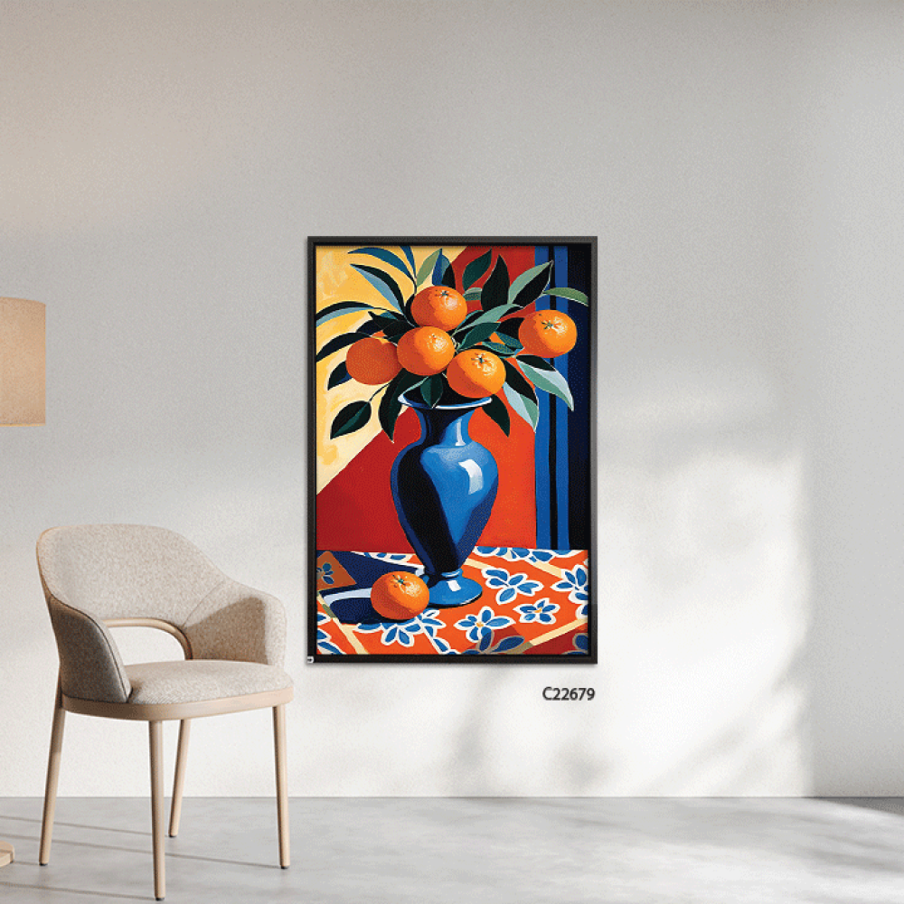 لوحة جدارية تصور مزهرية زرقاء ممتلئة بأغصان خضراء محملة بثمار البرتقال الناضجة