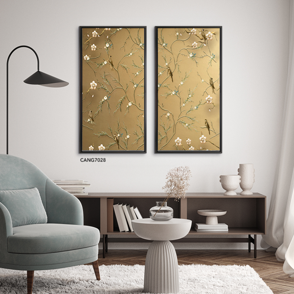 لوحة جدارية كانفس طيور وأغصان تدرجات الذهبي وبني وبيج