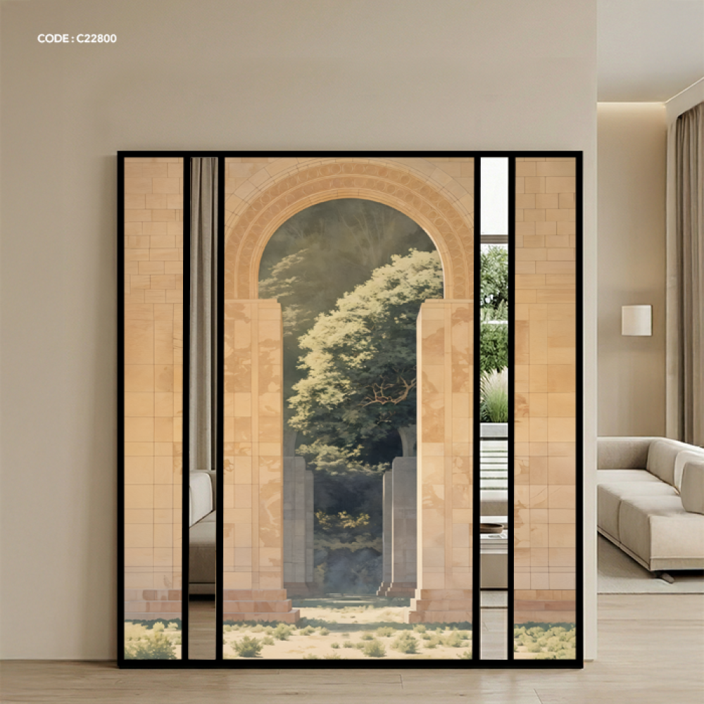 لوحة جدارية كانفس بتصميم يظهر بوابة مقوسة من الحجر  ومرايا بين قطع الكانفس