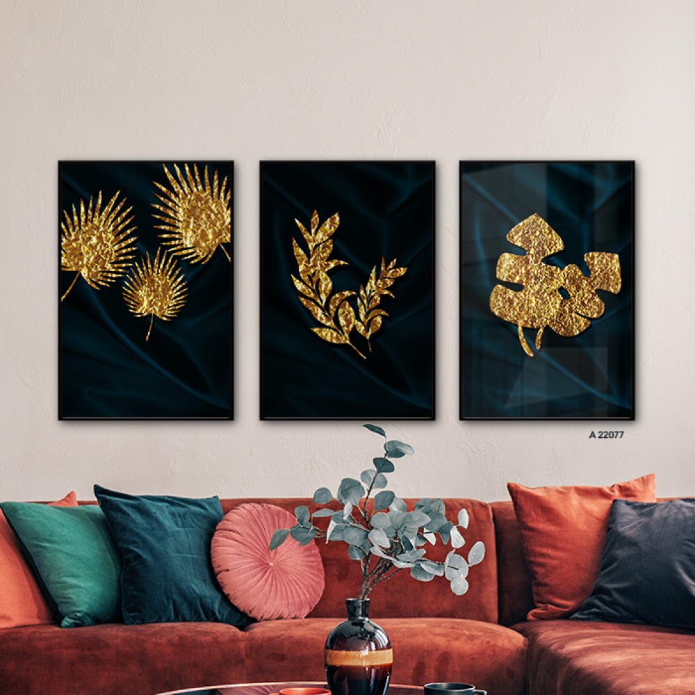 لوحة جدارية اكريليك مقسمة أوراق شجر بتدرجات الذهبي والأخضر الزيتي
