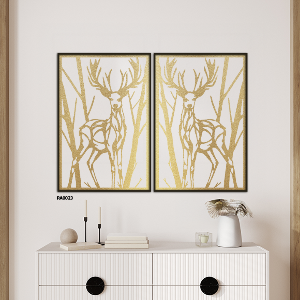 لوحات جدارية الاكريليك غزالان متقابلان وخلفية من الاغصان المفرغة