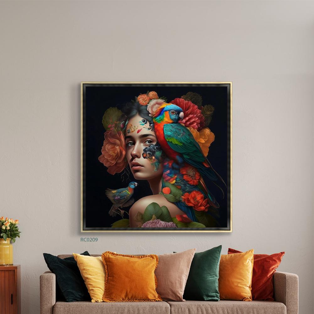 لوحة كانفس تصور فتاة مع طائر الكناري بتدرجات من الوردي، البرتقالي، والأخضر.