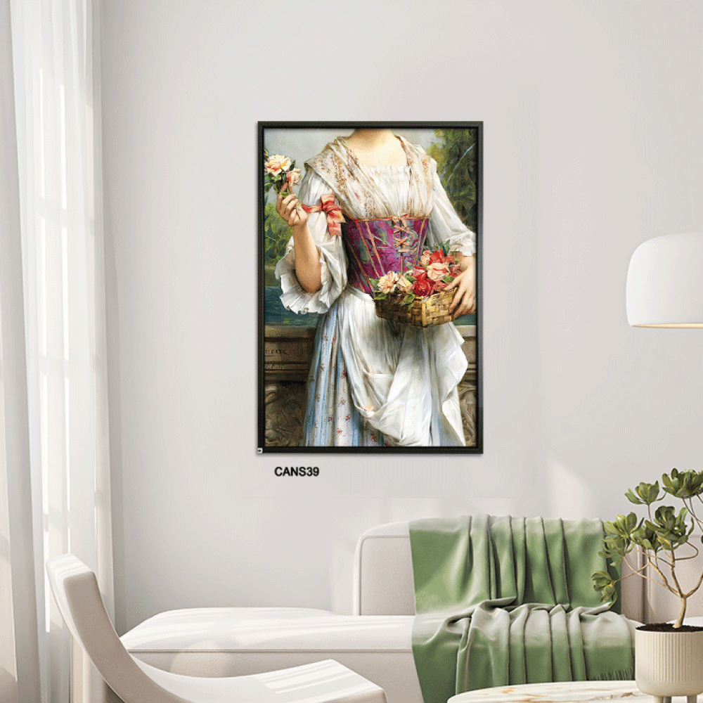 لوحة جدارية كانفس فتاة من العصر الفيكتوري وورد تدرجات بني وأحمر وبيج وأخضر