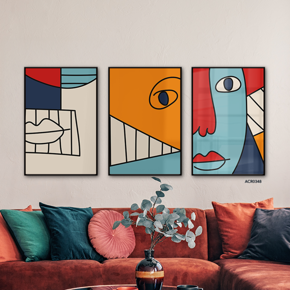 لوحة جدارية اكريليك يتميز بوجوه تجريدية مع تداخل الألوان الأزرق والأحمر